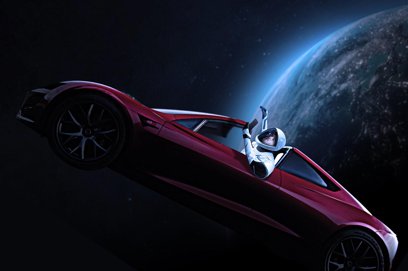 Angel riding through space in a red Tesla